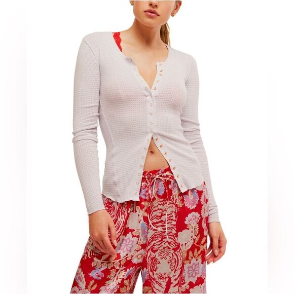 FREE PEOPLE Going Places Cardi LAVENDER ICE Long Sleeve Button-Up Top - Picture 5 of 7